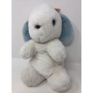 Gund 1976 BABY White Baby LUV ME Bunny Rabbit Rattle Plush 11" Blue Vintage